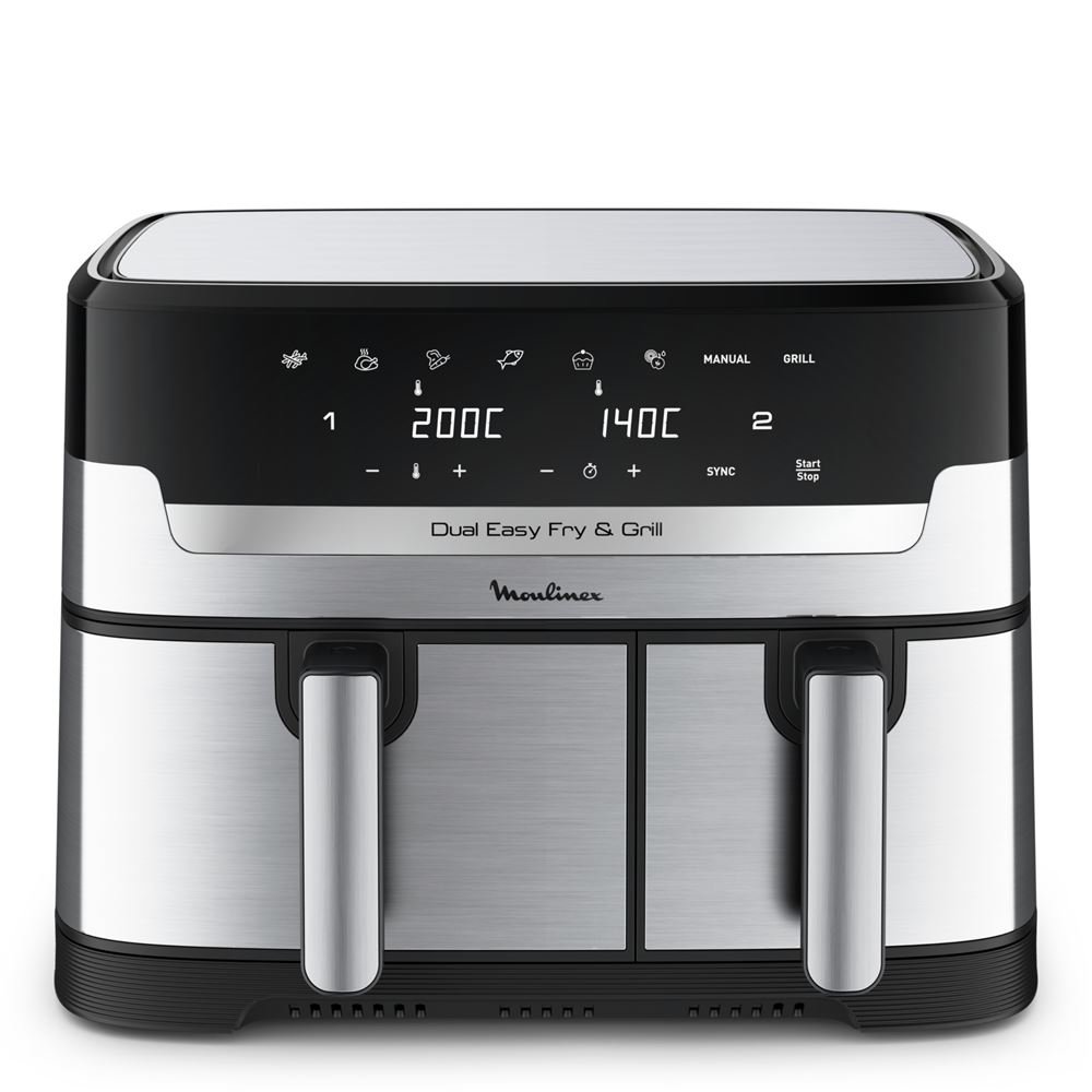 Friteuse-a-air-Moulinex-Air-fryer-Dual-Easy-Fry-Grill-Inox-2-tiroirs-EZ905D20-2450-W Friteuse à air Moulinex Air fryer Dual Easy Fry & Grill Inox 2 tiroirs EZ905D20 2450 W – Image 1